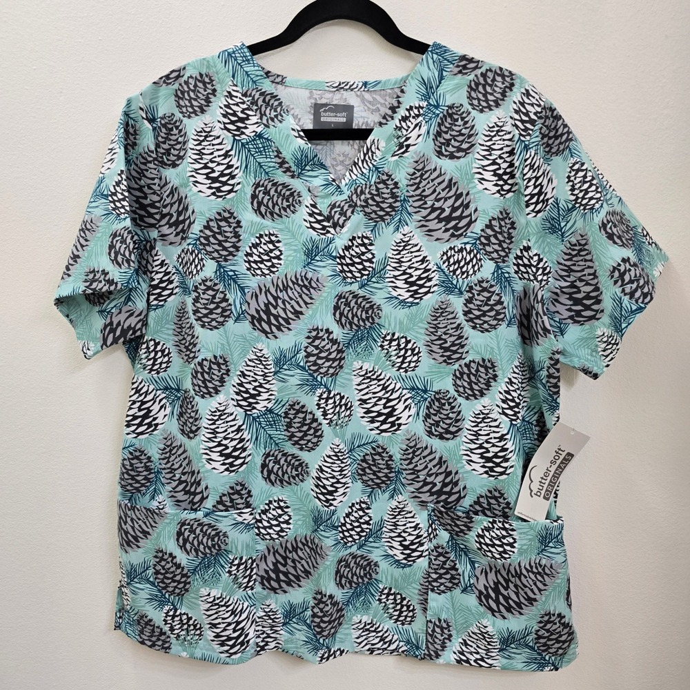 Butter-Soft Originals Scrub Top Womens Large Mint Green Pinecone Print V-Neck L
